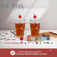 Botol Air Kaca 420ml dengan Tutup Sedotan, Cetak Logo Kustom CRYSTAL, Dekal Bunga, Mug Teh Transparan, Cangkir Jus untuk Kafe