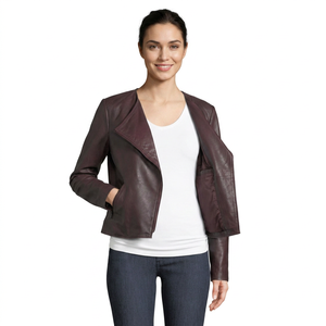 Chaqueta de Cuero Genuino para Mujer, Color Borgoña, Frente Abierto, Cuello Chal, Corte Recortado, Chaqueta de Cuero Elegante y a la Moda - Product Image 2