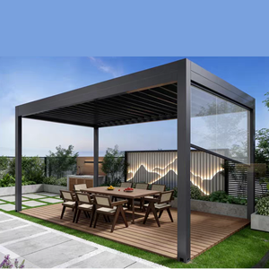 Pergola de jardin moderne en aluminium imperméable avec toit à lames motorisées, éclairage LED, gazebo extérieur pour patio, terrasse, piscine - Product Image 1