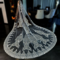 Voile de mariée de luxe Feishiluo avec appliques de perles et dentelle, bordure en dentelle à perles argentées, voile de mariée monocouche long avec peigne