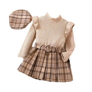 Conjunto de <span class=keywords><strong>2</strong></span> Piezas de Moda Casual para Niñas, Ropa Infantil con Mangas Largas, Cuello de Encaje, Falda Plisada a Cuadros, Boina y Cinturón - Product Image 1