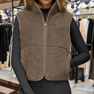 <b>Women's</b> Cashmere Fleece <b>Vest</b> <b>Winter</b> Warm Windproof Breathable Teddy Waist Sherpa Coat Outerwear Formal Style Stand Collar Zipper - Product Image 3