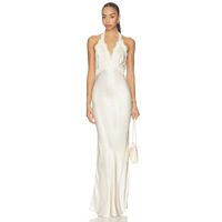 Transfrontalier |   Robe sirène en satin soyeux de qualité export, maxi, d'été, en dentelle, à col licou et décolleté plongeant, avec propriétés de séchage rapide