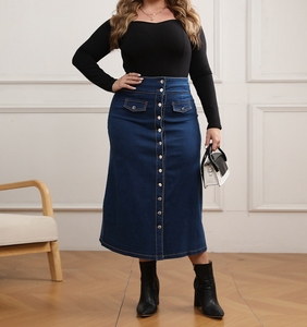 5XL Fashion Women's Navy Blue Denim <strong>Skirt</strong> Female Plus Size High Waist Buttons Long <strong>Wrap</strong> <strong>Skirts</strong> - Product Image 2