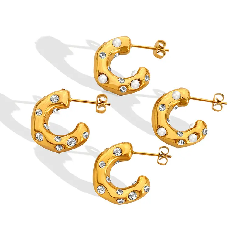 Joolim Jewelry Chunky Zircon Designer Imitation Pearl Stainless Steel C Hoop Earrings Trendy Gold Plated Waterproof Jewelry
