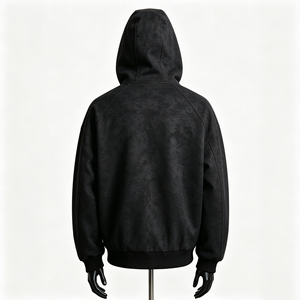 Giacca Invernale da Uomo in Pelle PU Nera con Zip e Cappuccio, <span class=keywords><strong>Oversize</strong></span>, Stile Streetwear, <span class=keywords><strong>Bomber</strong></span> con Polsini e Orlo a Costine, Logo Frontale con Motivo a Lettere - Product Image 2