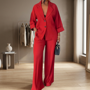 RN Designer Luxury Red Women's Formal Satin 2-Piece Suit <b>Set</b> Oversized <b>Blazer</b> Wide Leg Pant Elegant Office Wear Business Casual - Product Image 3