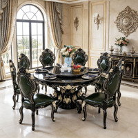 Luxuriöses Europäisches Rundes Massivholz-Esszimmer-Set mit Schwarzer Marmorplatte und Drehbarem Serviertablett, Grüne PU-Lederstühle für Villen, Großhandel