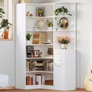 Estantería de esquina de 76 de altura, 6 niveles, en forma de <span class=keywords><strong>L</strong></span>, con 10 Estantes abiertos, 2 cajones de almacenamiento para sala de estar, hogar y oficina - Product Image 1