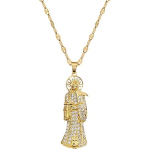 จี้ทองแดงรูปซานต้า มูเอร์เต้ รูปทรงเคียว เทพแห่งความตาย ดีไซน์หรูหรา ประดับเพชรเต็มตัว ใช้ได้ทั้งชายและหญิง สร้อยคอพร้อมสายไม้ไผ่ - Product Image 5