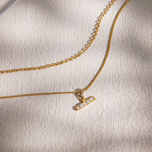 J&amp;D Original Design Classic Layered <strong>T</strong> <strong>Bar</strong> 18K Gold Stainless Steel Rhinestone <strong>T</strong> <strong>Bar</strong> Snake Chain Stackable Multi Layer <strong>Necklace</strong> - Product Image 4