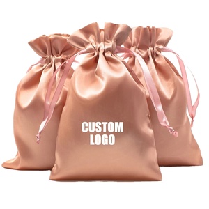 Sacs cadeaux en satin or rose 6" x 9" en gros pour mariage, baby shower, Noël, sacs en soie à cordon avec logo personnalisé - Product Image 1