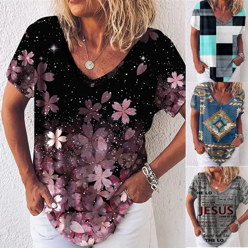 2022 été vente en gros grande taille S-3xl Style Boho graphique t-shirts pour femmes fleurs Tops T-shirt à carreaux pour femmes