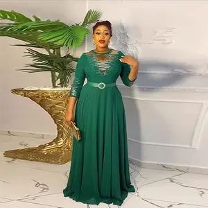 African Ethnic Fashion Hot Diamond Long Prom Dress Women Plus Size Evening Gown With Belt