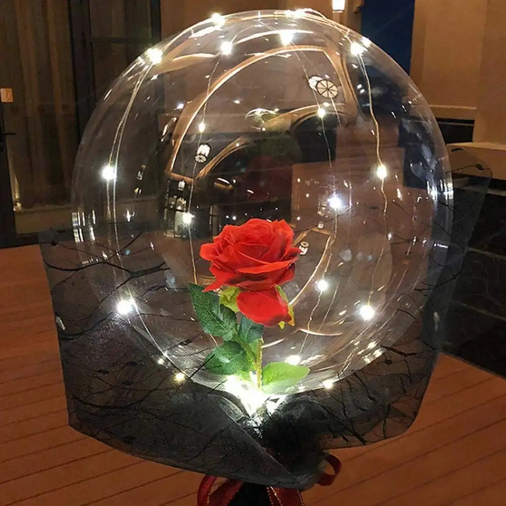 Ballon lumineux à LED avec fleur rose à l'intérieur Boule Bobo Bouquet de fleurs de roses Ballon cadeau pour la Saint-Valentin