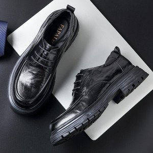Papa Iec Men's Genuine Leather Oxfords <b>Round</b> <b>Toe</b> Thick Sole Business Casual Dress Shoes Office Career Mid <b>Heel</b> - Product Image 2