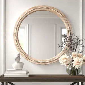 Espejos de cuentas de madera redondos para dormitorio al por mayor personalizados, decoración de pared para el hogar, espejos con incrustaciones de cuentas redondas de madera maciza