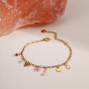 Braccialetti NIMAI in Acciaio Inossidabile con <span class=keywords><strong>Perle</strong></span> di Pietra Naturale <span class=keywords><strong>Rosa</strong></span> e Charm a Fiore per Donne, Gioielli dell'Amicizia con Cuore - Product Image 3