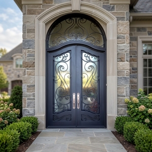 Porta d'Ingresso Principale in Ferro Battuto di Lusso Personalizzata NFRC, Design a <span class=keywords><strong>Doppia</strong></span> <span class=keywords><strong>Anta</strong></span> con Finestra Circolare Superiore - Product Image 1