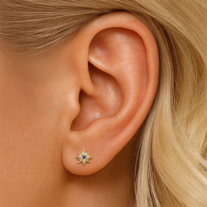 Boucles d'oreilles clous scintillantes en argent sterling S925, étoiles à huit branches et étoiles à quatre branches superposées, avec zircon cubique bleu, pour femmes et enfants - Product Image 2