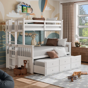 Lit superposé standard en bois massif 3 couleurs à 3 tiroirs avec lit gigogne et échelle latérale durable Lit pour enfants à deux couches pour enfants - Product Image 3