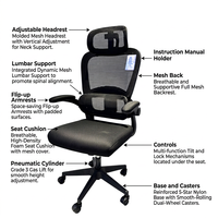Chaise ergonomique en maille avec fonction de levage pour la maison, le bureau, le gaming, l'étude, la chambre, l'atelier - Confortable pour une utilisation prolongée, réglable en hauteur, pivotante et à roulettes