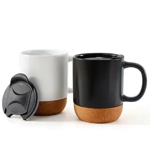 Usine directe nordique 120Z/15OZ tasse à café à base de liège noir mat tasse en céramique avec fond en liège isolé en bois et couvercle anti-éclaboussures