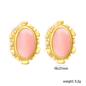 Vintage Gold Oval Earrings for Women - Pink Resin & <b>Abalone</b> <b>Shell</b> Studs - Bohemian Fashion Jewelry Set - Product Image 4