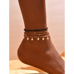 Tobillera de estilo bohemio transfronterizo europeo y americano, de aleación con cuentas de semillas, letras y estrella de cinco puntas, juego de tres piezas. - Product Image 3