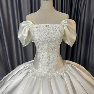 Lscm116 Romantic Ivory Off Shoulder Square Neck Puff Sleeve Lace Applique Corset Plain Satin Ball Gown <b>Wedding</b> Dress Jancember - Product Image 5