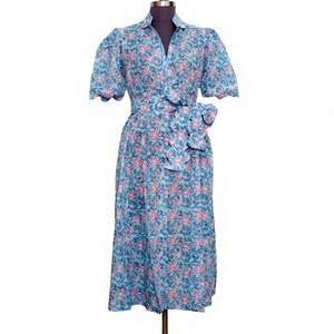 Robe midi pour femme, nouvelle conception élégante, 100% coton, imprimé floral fait main, coupe évasée, col en V, manches courtes, boutonnée - Product Image 1