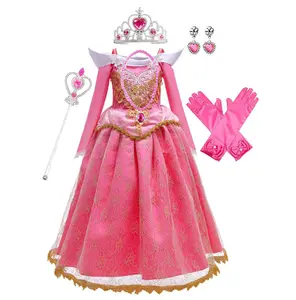 Ecoowalson睡美人万圣节狂欢节服装儿童蕾丝女孩公主极光连衣裙粉色刺绣婴儿派对连衣裙