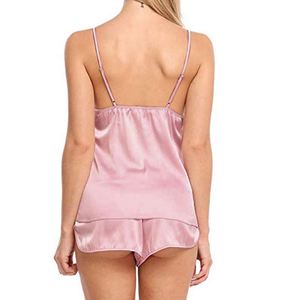 Sexy Satin <b>Silk</b> Solid Pajamas Sets Plus Size 3XL <b>Camisole</b> Sleeveless Tops Shorts Women's Breathable Elastic Waist Pink Sleepwear - Product Image 4