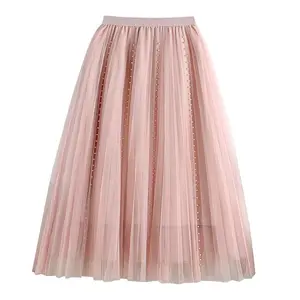 Women ladies girls spring high waisted elastic waist mesh beaded skirts long boho maxi skirt 2022