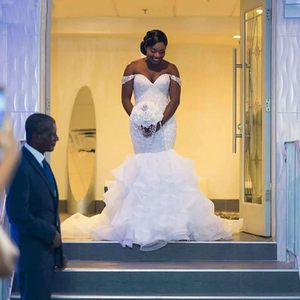 Mermaid Wedding Dress Off Shoulder <b>Lace</b> Applique Fitted Waist Sweetheart Neckline <b>White</b> Ivory Polyester Fabric - Product Image 4