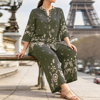 Ensemble décontracté imprimé style vacances grande taille, chemise à manches 2/3 boutonnée et pantalon ample à jambes larges, ensemble deux pièces bicolore