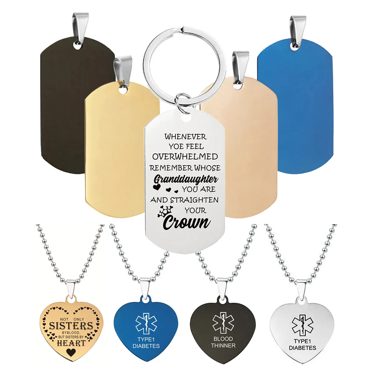 Customized Logo Blank Engraving Sublimation Metal Pet Name Id Chain Dog Tag Necklace Dog Tags Stainless Steel Keychain