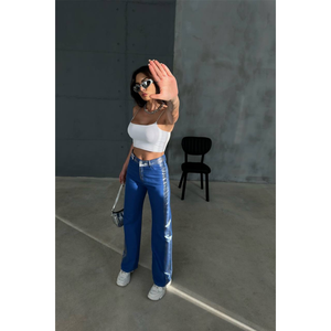 Pantalones de Satén de Pierna Ancha GABARDN, Cintura Alta, Azules, Transpirables, para Mujer - Product Image 6