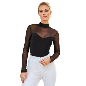 Lism Combinaison moulante noire à manches longues pour femme, style euro-américain, décontractée, sexy, en maille unie, longueur genou, pour l'été - Product Image 1