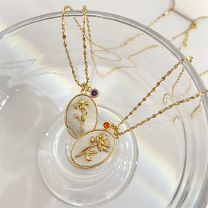 Collier tendance avec pendentif fleur de naissance en relief plaqué or, 12 mois, coquille ovale, matériau principal en cuivre, religieux chrétien - Product Image 5