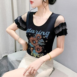 Factory Supply Women's Tee <strong>Tops</strong> Rhinestone <strong>Sunflower</strong> Short Sleeves Custom Pattern Mesh Sleeve T-Shirts for Girls - Product Image 1