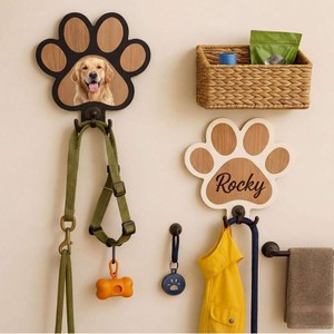 Uionen Personalized custom wooden pet dog leash storage rack with personalized paw print hooks and dog <b>name</b> <b>tags</b> accessories - Product Image 3