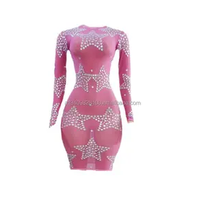 Diamond Studded Star girocollo a maniche lunghe con cerniera Sexy Slim Fitting Party Birthday Ball One Piece Nightclub Performance Dress