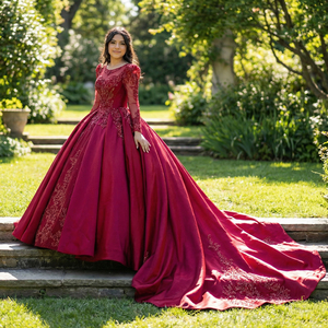 XS245 Vestido de Noche Tradicional Rojo de Manga Larga con Lentejuelas de Satén para Mujer - Product Image 1