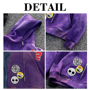 Sweat à capuche zippé surdimensionné pour homme, personnalisé OEM, en coton épais 100%, avec patch brodé et impression sérigraphiée, effet délavé à l'acide - Product Image 4