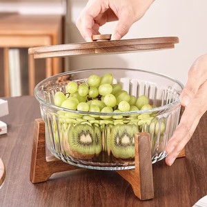 Большая стеклянная банка для хранения для дома, стеклянная тарелка для кофе и фруктов для гостиной, стеклянная тарелка для конфет и закусок с деревянной подставкой - Product Image 2
