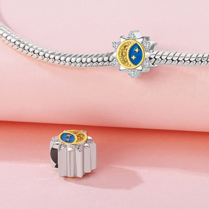 Breloque en argent sterling 925 avec zircon soleil et lune pour bracelet DIY, cadeau d'anniversaire de mariage, émail bleu étoilé Ganku, vente en gros - Product Image 3