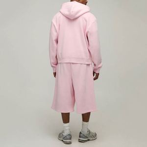 Ensemble de survêtement rose uni pour homme, 2 pièces : sweat à capuche zippé ample et pantalon de survêtement capri 3/4 à jambes larges - Product Image 2
