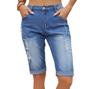 Shorts de mezclilla para mujer, de cintura media, corte recto, casuales, con dobladillo, versátiles, estilo retro, hasta la rodilla - Product Image 1