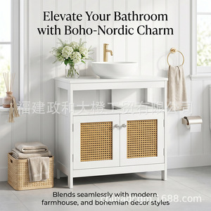 Mueble de Baño Grande Color Naranja con Puerta de Ratán Blanco, Encimera de Madera Sólida, Estilo Rústico, Estante de Almacenamiento - Product Image 2